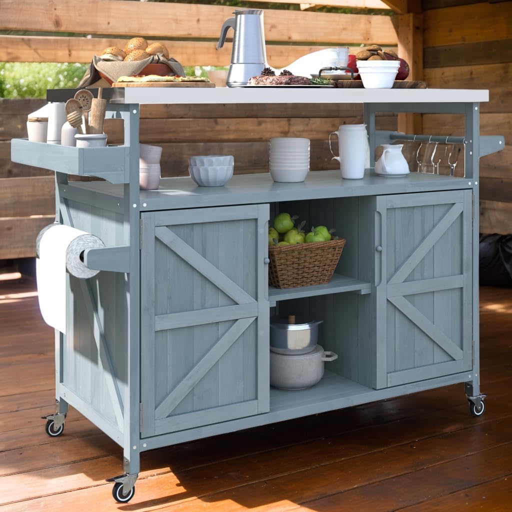 Wood Rolling Steel BBQ Prep Cart