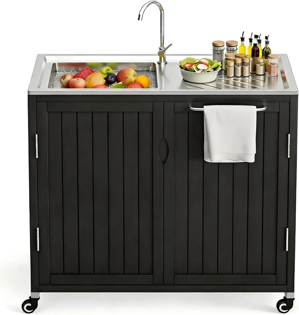 Wood Sink Rolling Outdoor Grill Cart
