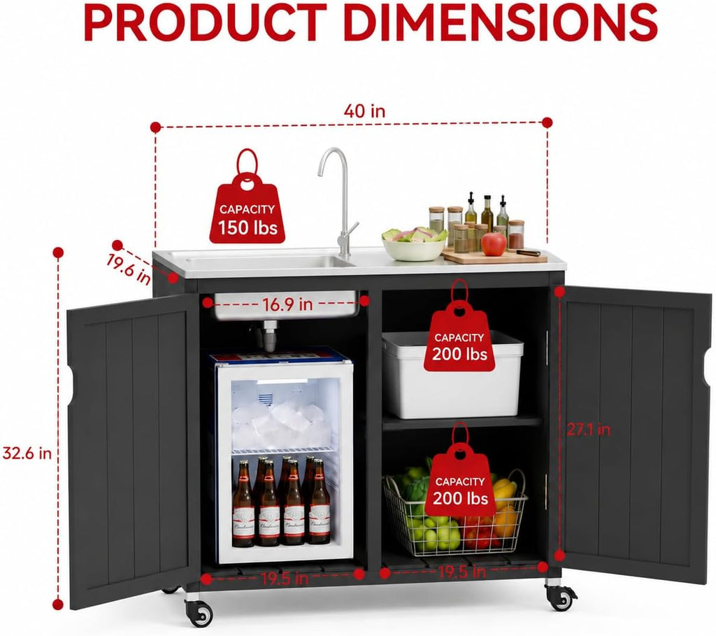 Wood Sink Rolling Outdoor Grill Cart