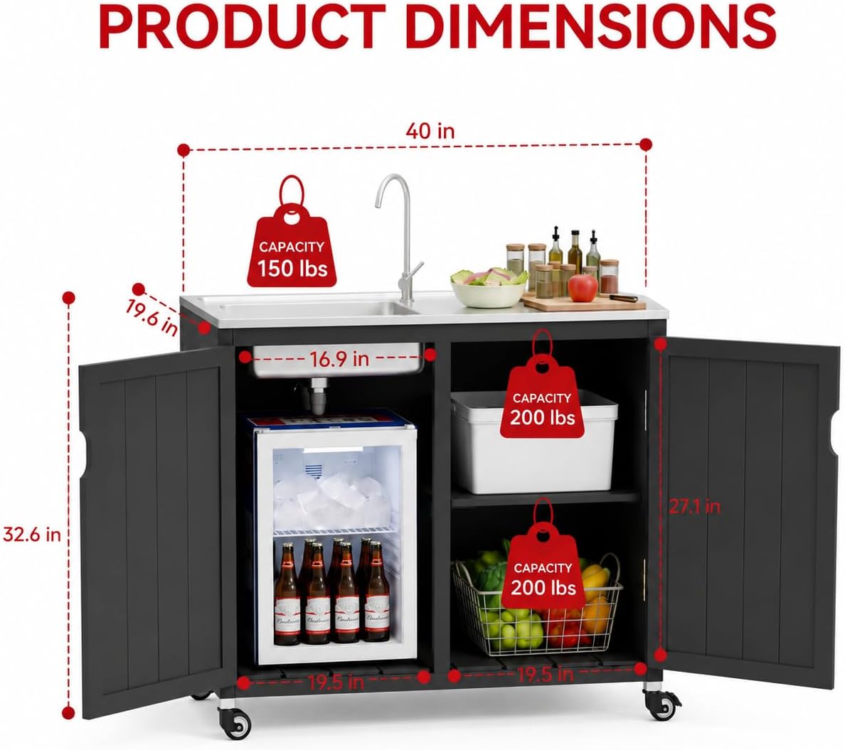 Wood Sink Rolling Outdoor Grill Cart