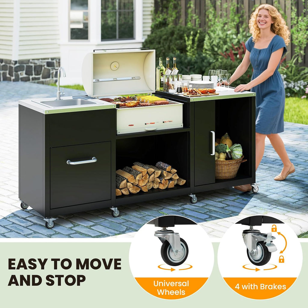 Metal Wheeled Sink BBQ Grill Cart