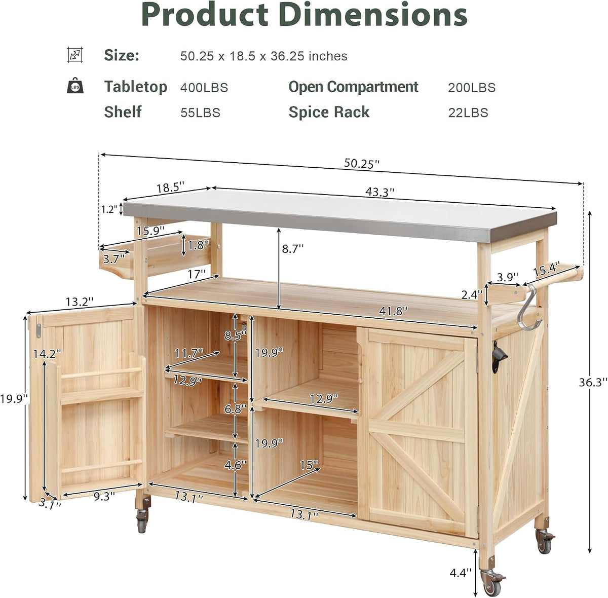 Wood Steel Wheeled Outdoor Grill Cart