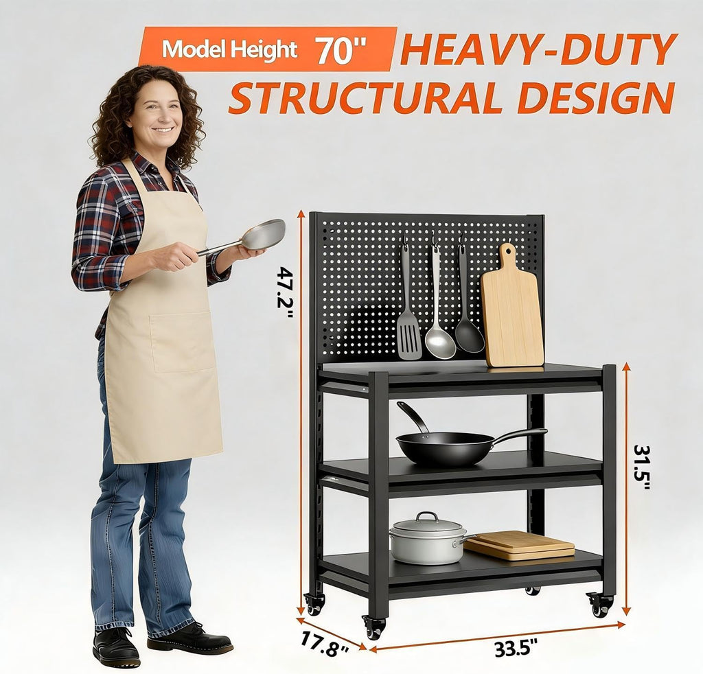 3-Tier Wheeled Steel BBQ Cart