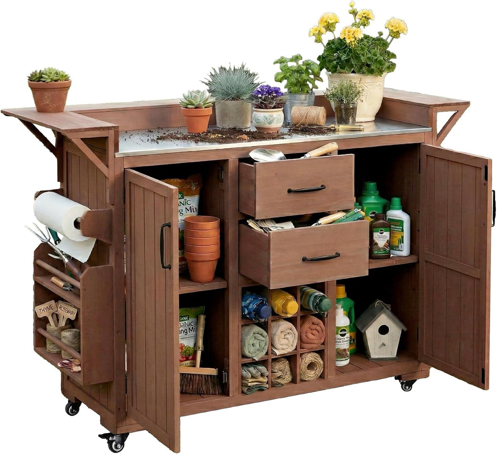 Wood Steel Rolling Patio Kitchen Cart