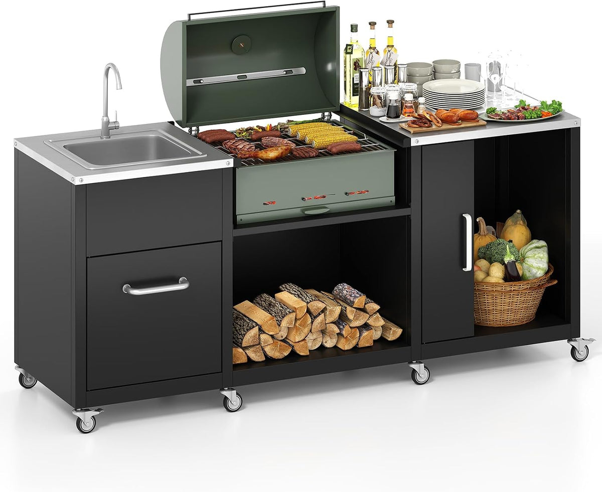 Metal Wheeled Sink BBQ Grill Cart