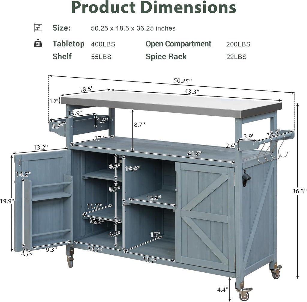 Wood Rolling Steel BBQ Prep Cart
