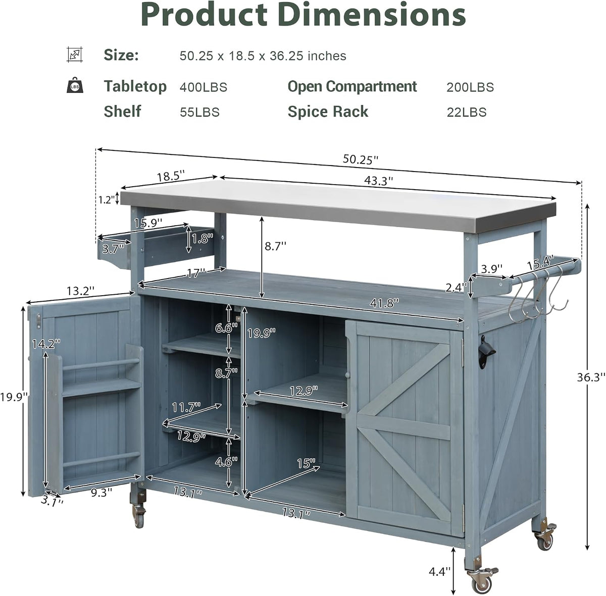Wood Rolling Steel BBQ Prep Cart