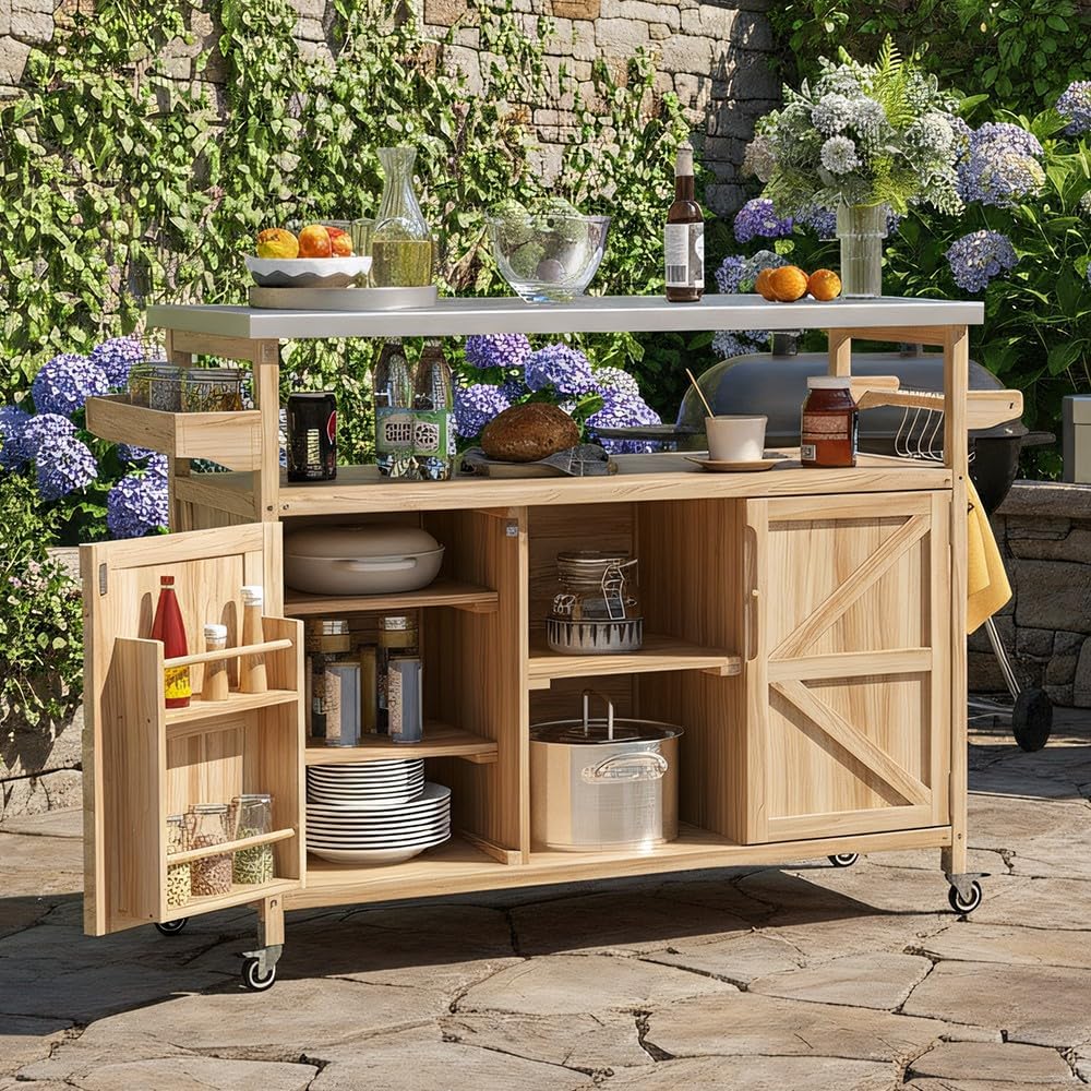 Wood Steel Wheeled Outdoor Grill Cart