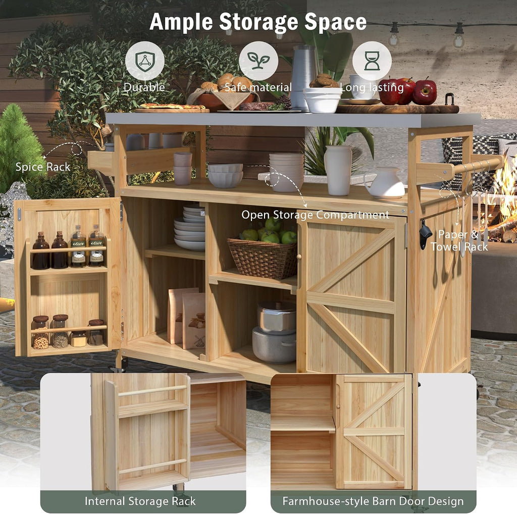 Wood Steel Wheeled Outdoor Grill Cart