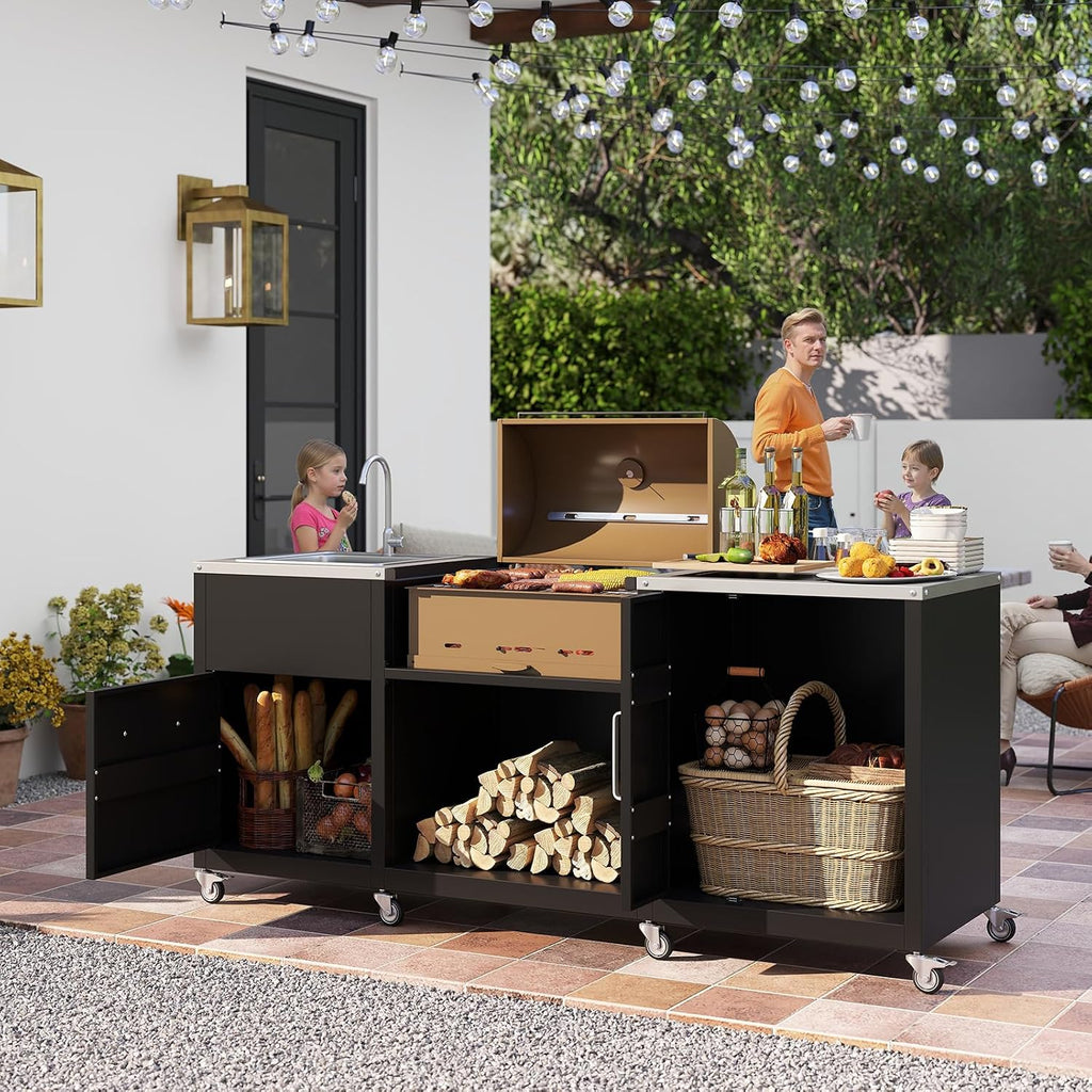 Metal Wheeled Sink BBQ Grill Cart