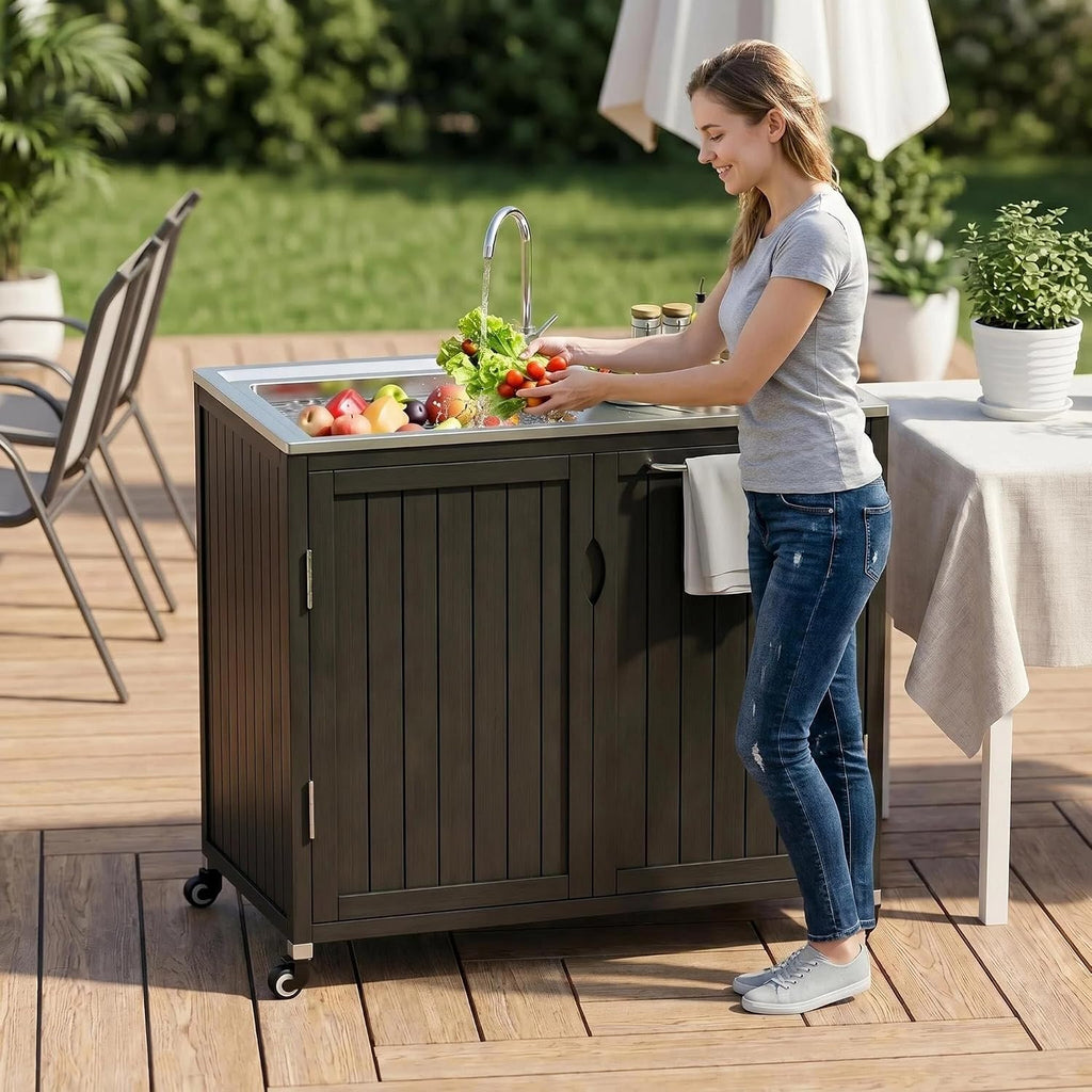 Wood Sink Rolling Outdoor Grill Cart