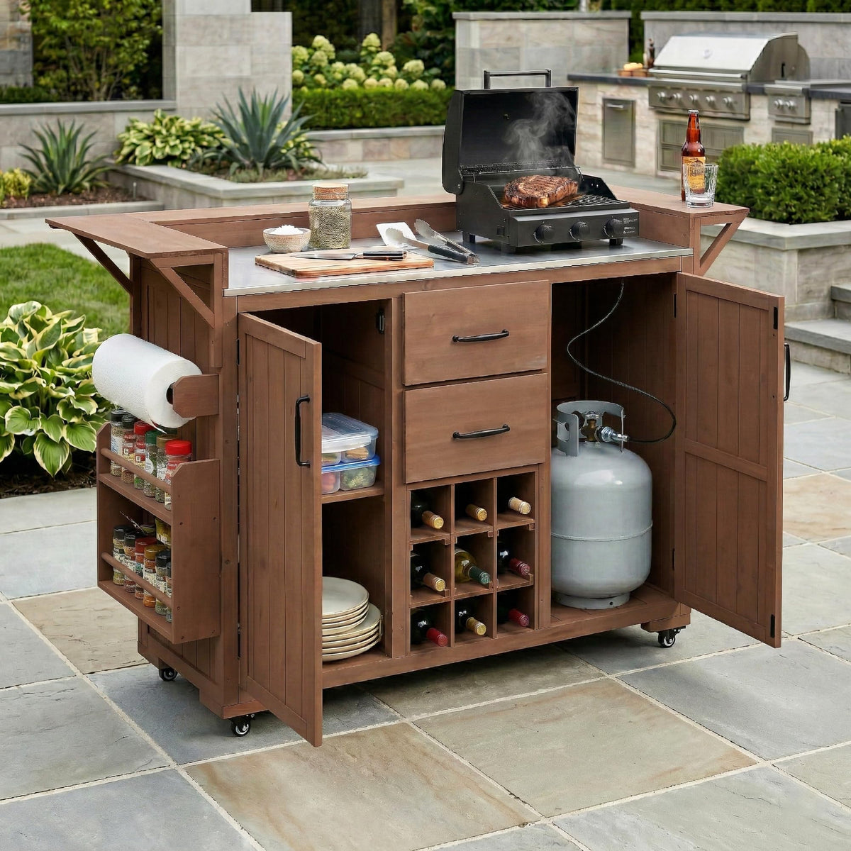 Wood Steel Rolling Patio Kitchen Cart