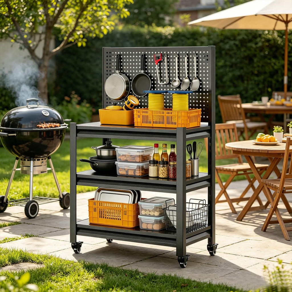3-Tier Wheeled Steel BBQ Cart