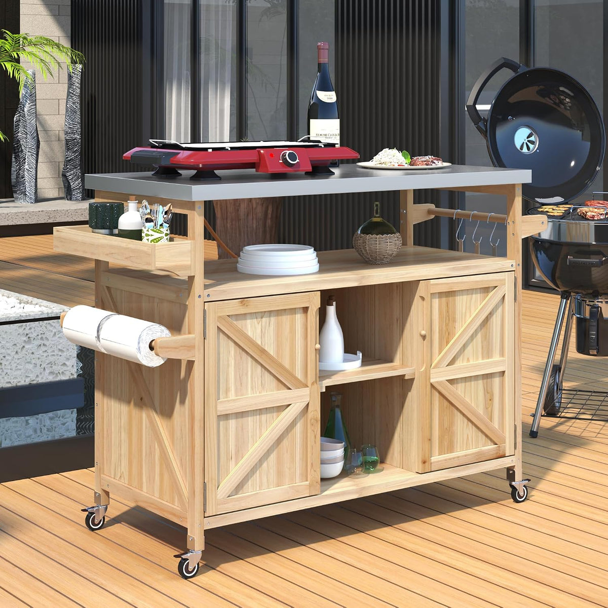Wood Steel Rolling BBQ Grill Cart