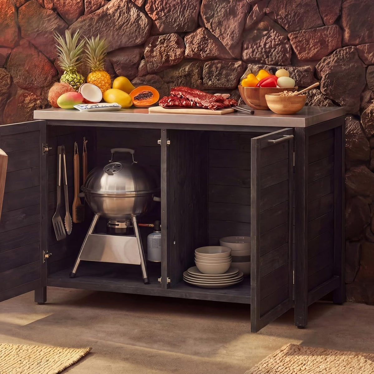 Cedar Steel Patio Grill Storage Cabinet
