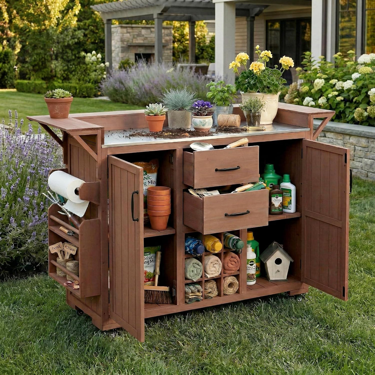 Wood Steel Rolling Patio Kitchen Cart