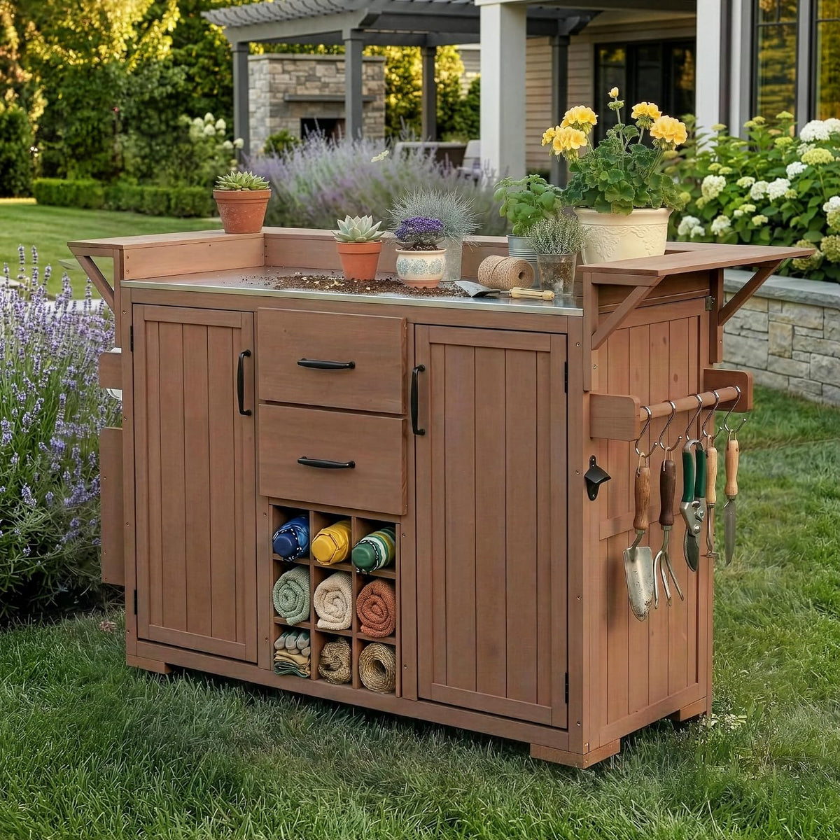 Wood Steel Rolling Patio Kitchen Cart